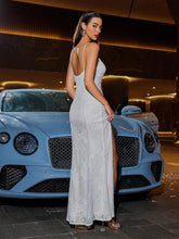 D&M White Mesh Beaded Embroidery High Slit Spaghetti Strap Formal Party Dress